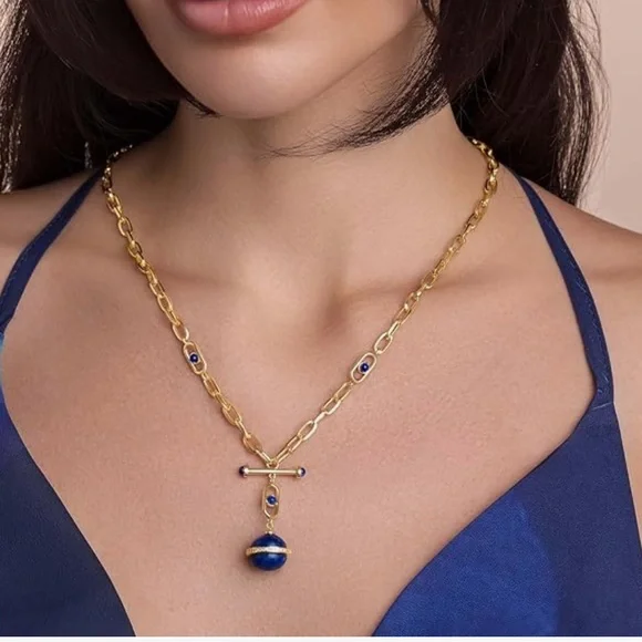 NEW 18K Gold Plated Blue Natural Stone Lapis Lazuli Round Globe Oval Necklace